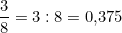 \dfrac{3}{8}=3 : 8 = 0{,}375
