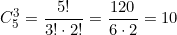 \[C_5^3 = \frac{5!}{3! \cdot 2!} = \frac{120}{6 \cdot 2} = 10\]