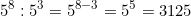 \[5^8 : 5^3 = 5^{8-3} = 5^5 = 3125\]