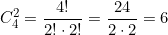 \[C_4^2 = \frac{4!}{2! \cdot 2!} = \frac{24}{2 \cdot 2} = 6\]